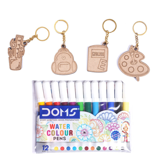 Set of watercolor pens with keychains on a white background