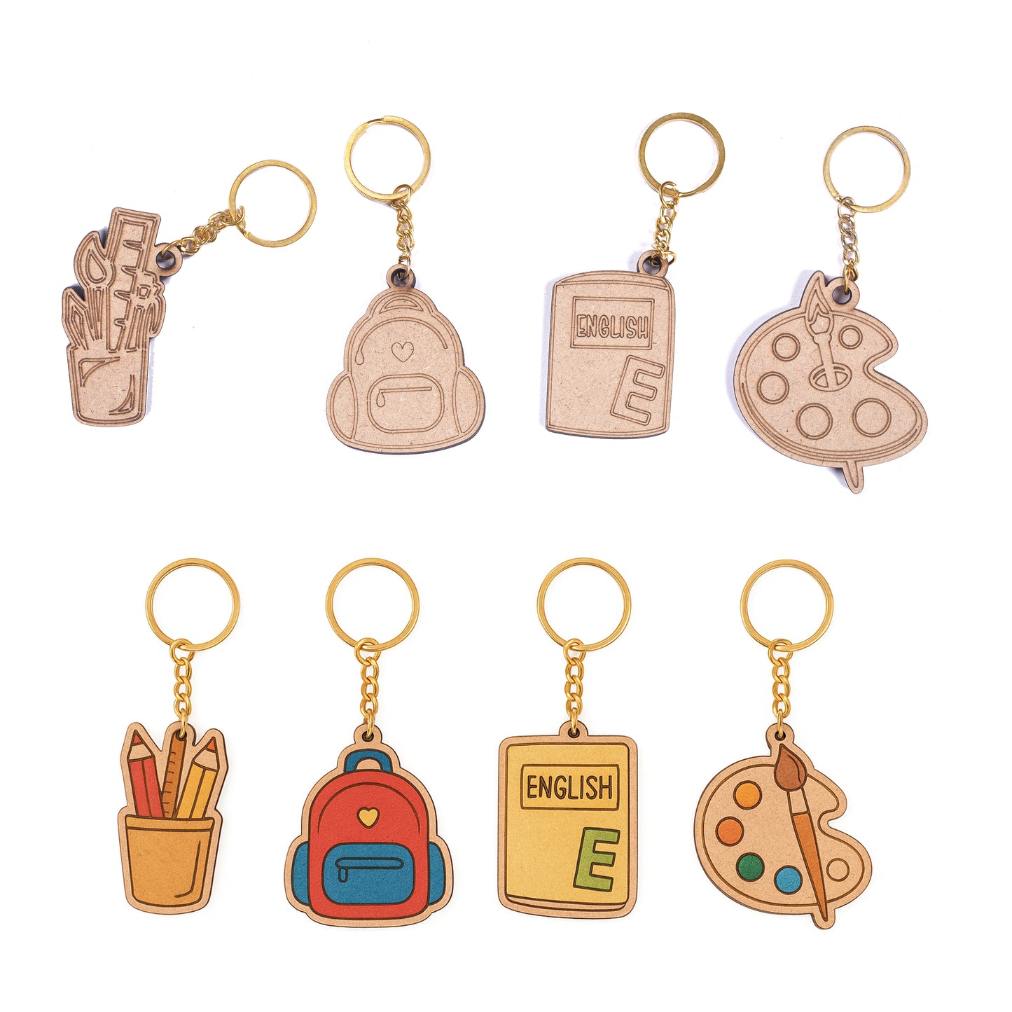 Set of keychains with educational-themed designs on a white background