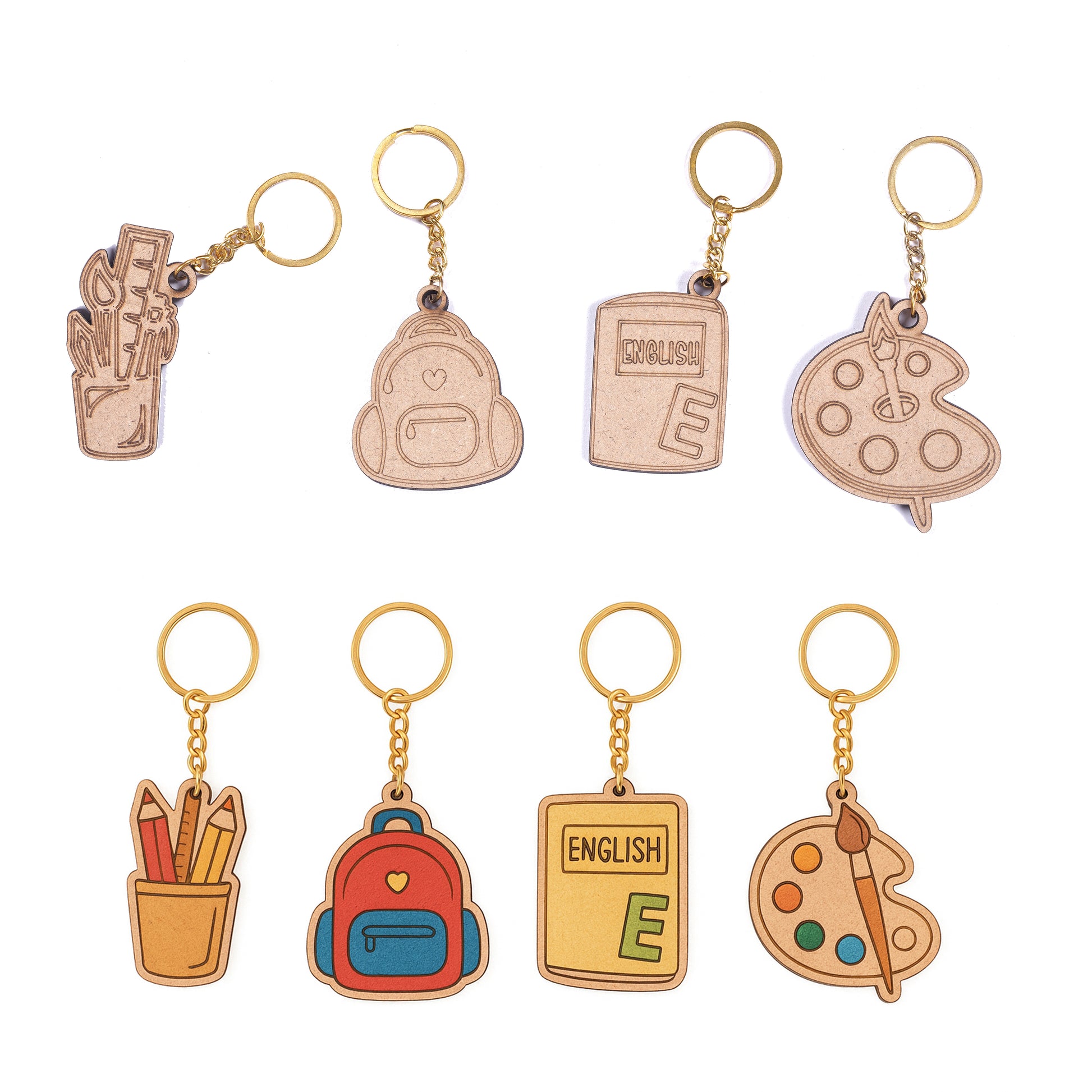 Set of keychains with educational-themed designs on a white background