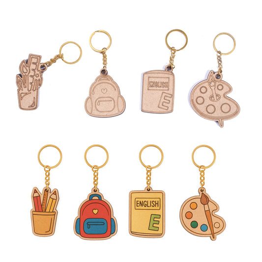 Set of keychains with educational-themed designs on a white background