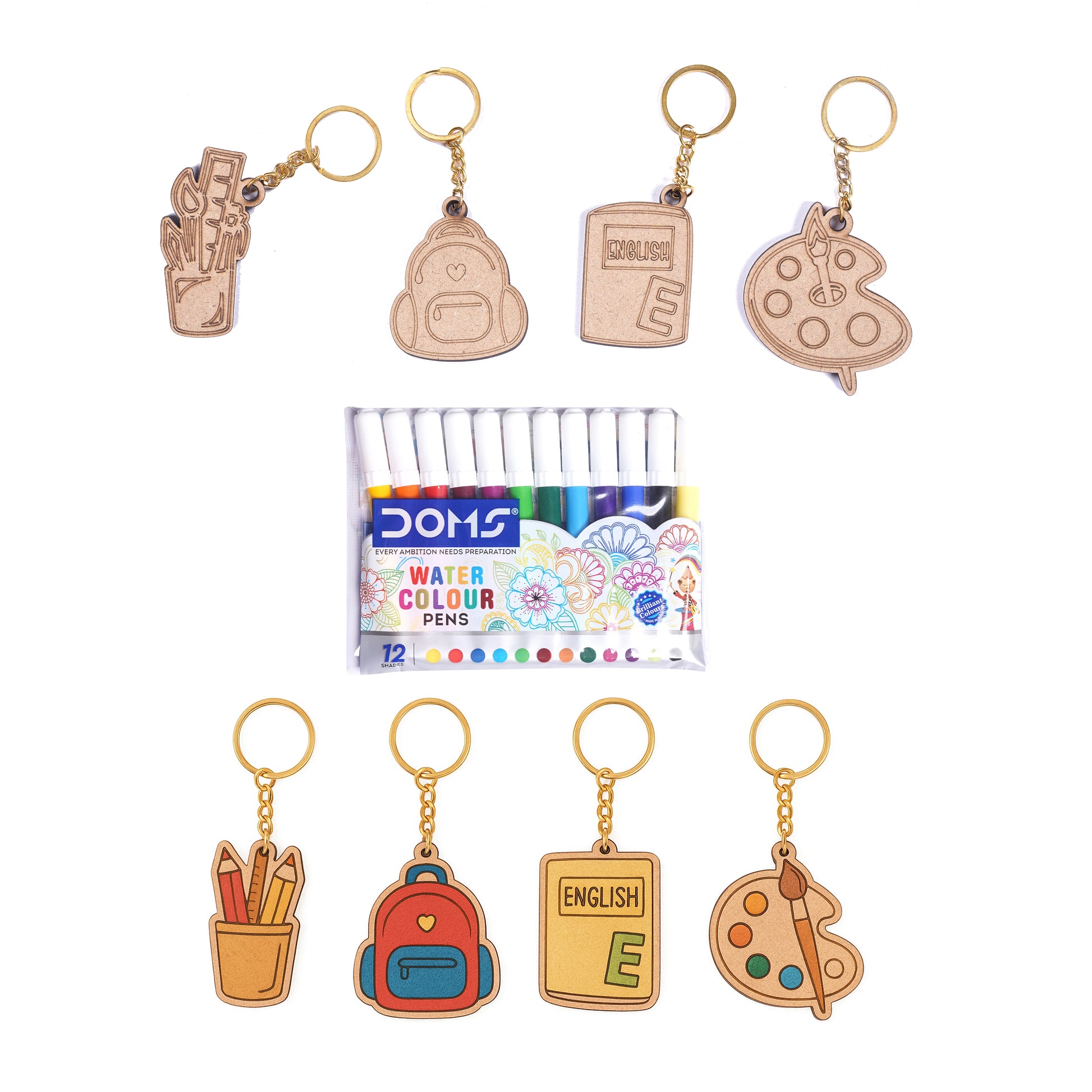 Set of keychains shaped like stationery items with a pack of DOMS watercolor pens in the center.