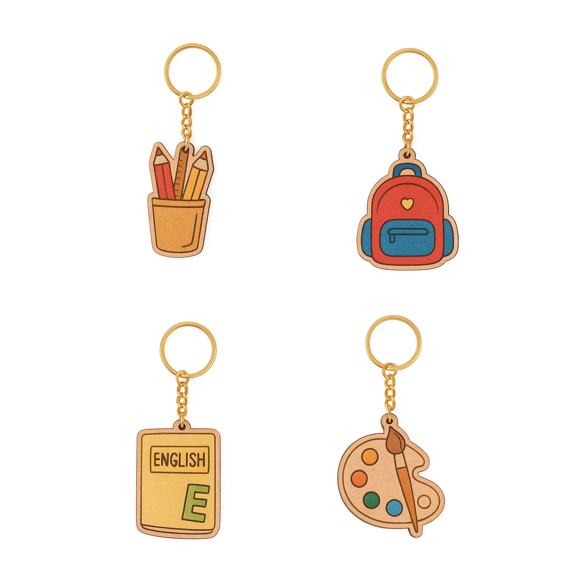 Set of four keychains with educational designs on a white background