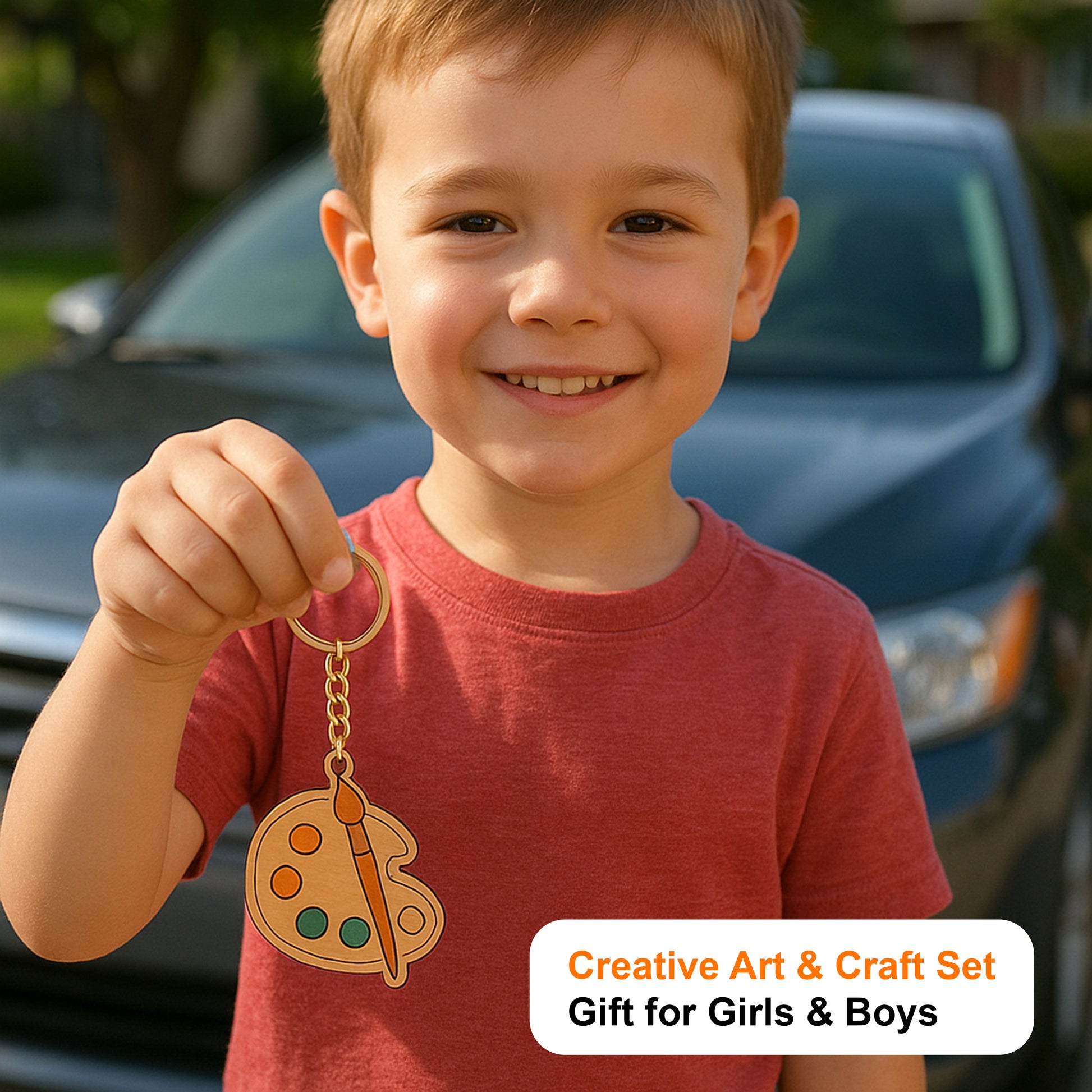 Child holding a keychain with an art palette design, standing in front of a car.