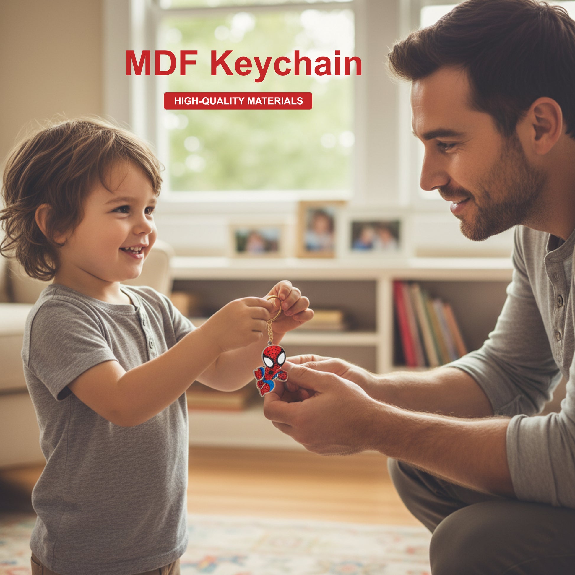 Man and child playing with a Spider-Man keychain in a home setting