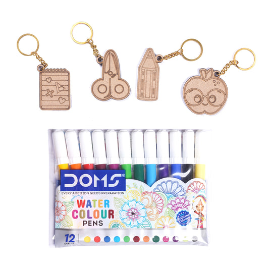 Set of watercolor pens with wooden keychains on a white background