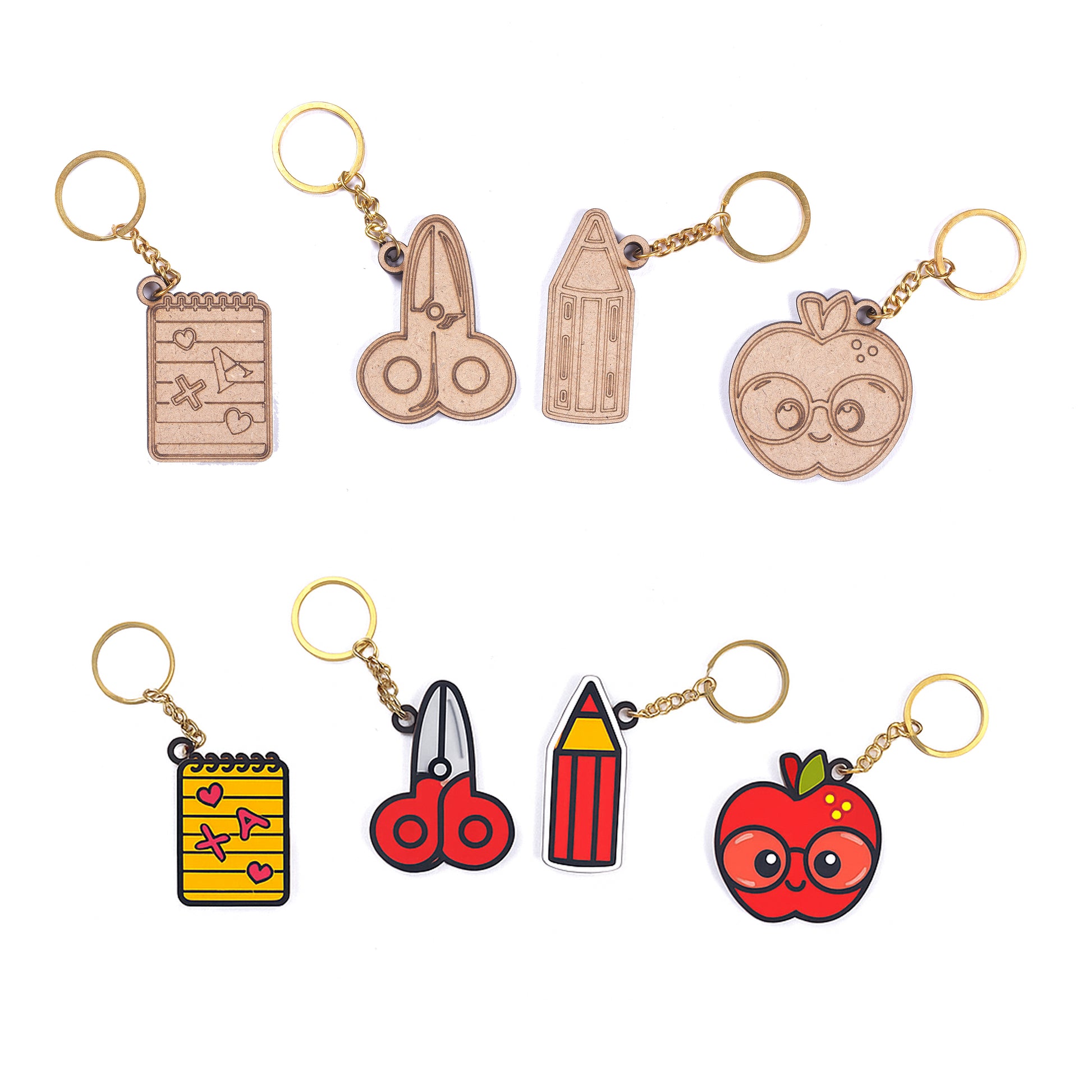 Set of keychains shaped like school supplies on a white background