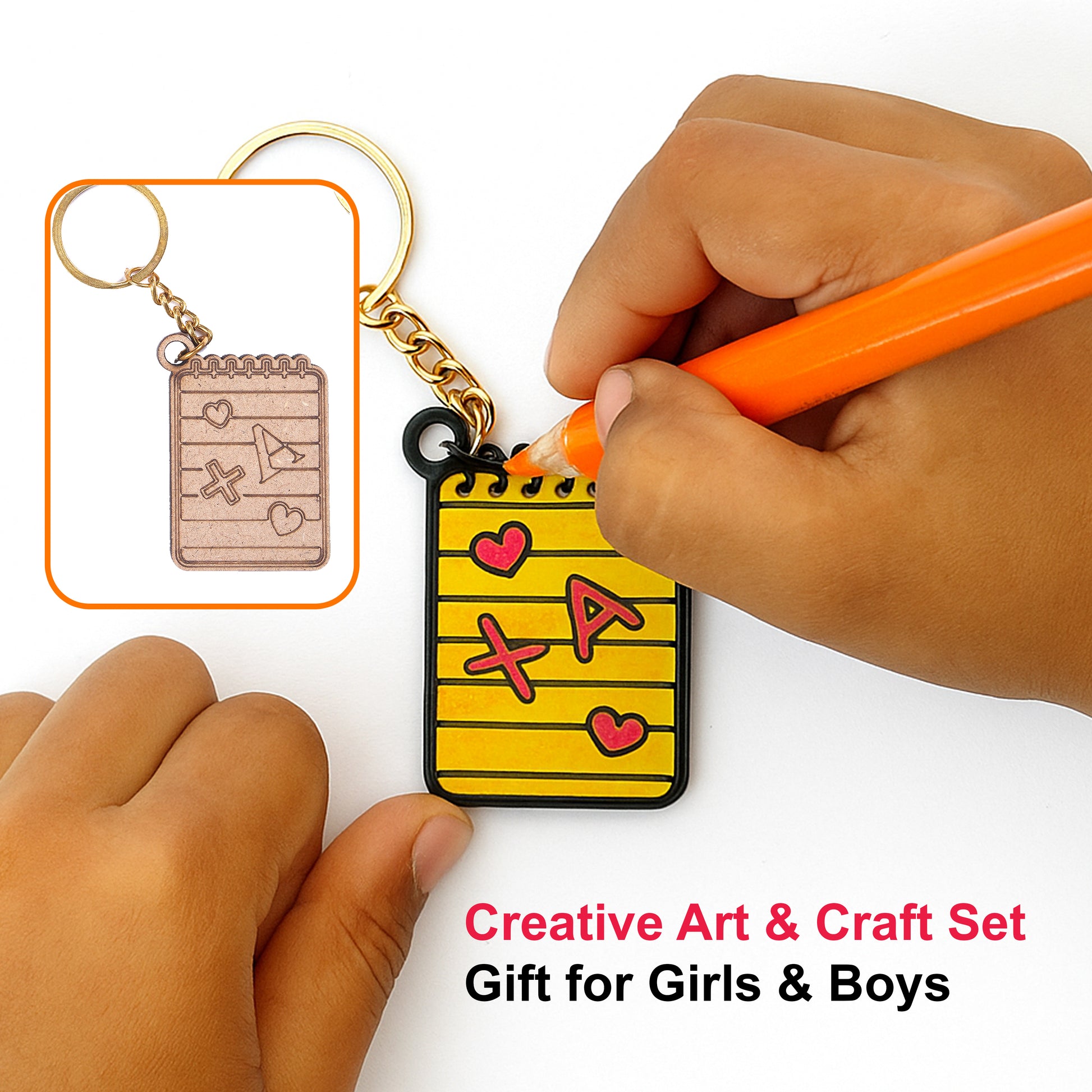 Hand holding a keychain with a small notebook charm, labeled 'Creative Art & Craft Set Gift for Girls & Boys'.