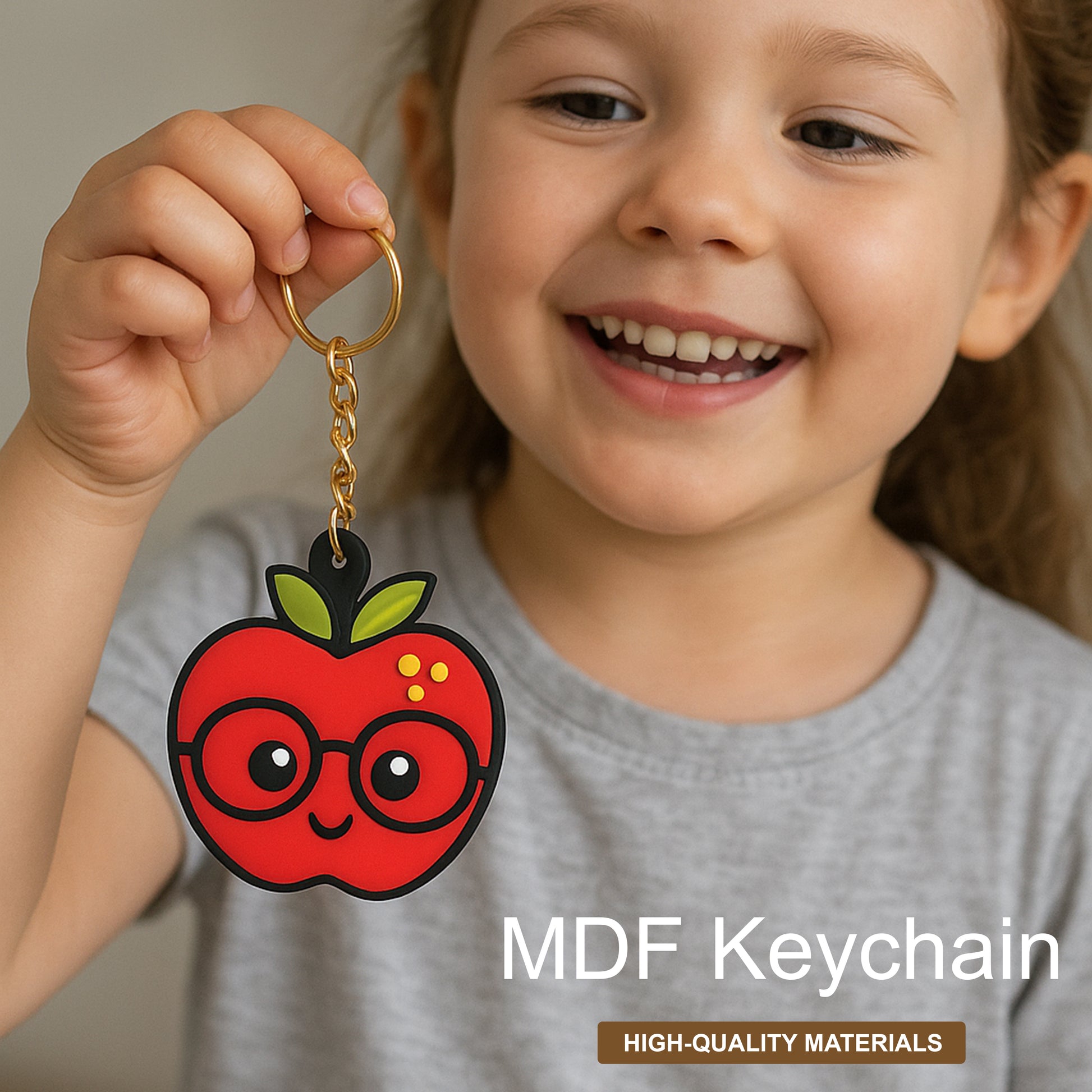 Child holding a red apple keychain with glasses, smiling.