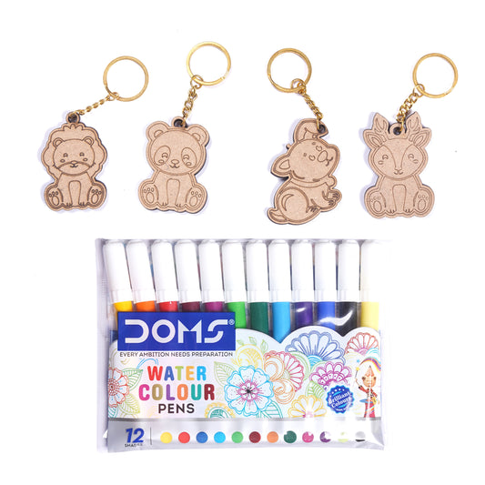 Set of watercolor pens with animal keychains on a white background