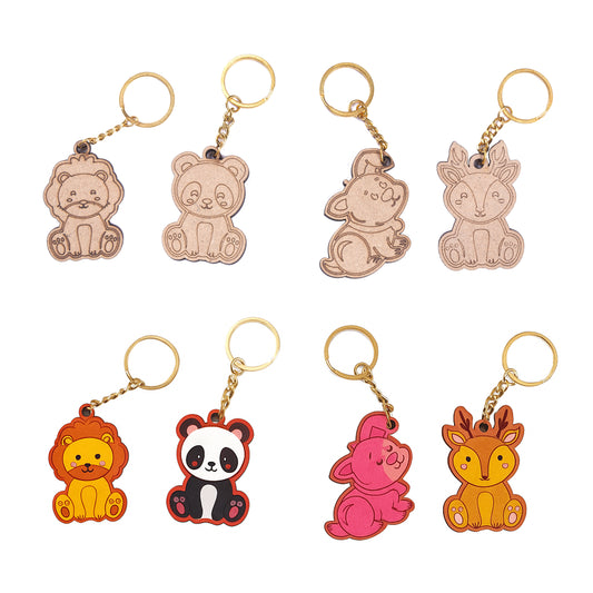 Set of animal-themed keychains on a white background