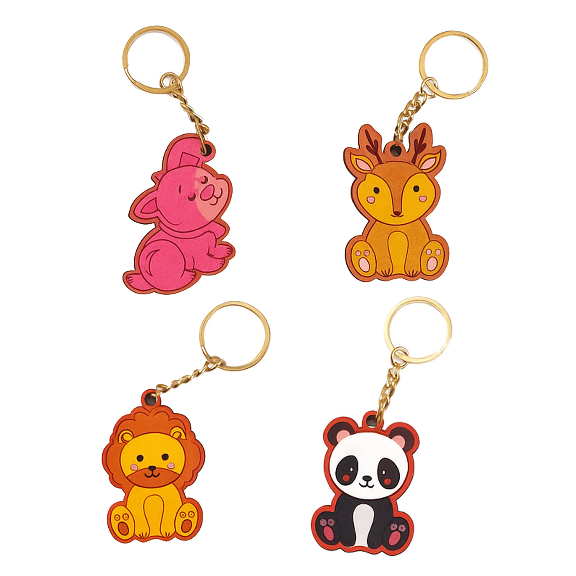 Four animal-themed keychains on a white background
