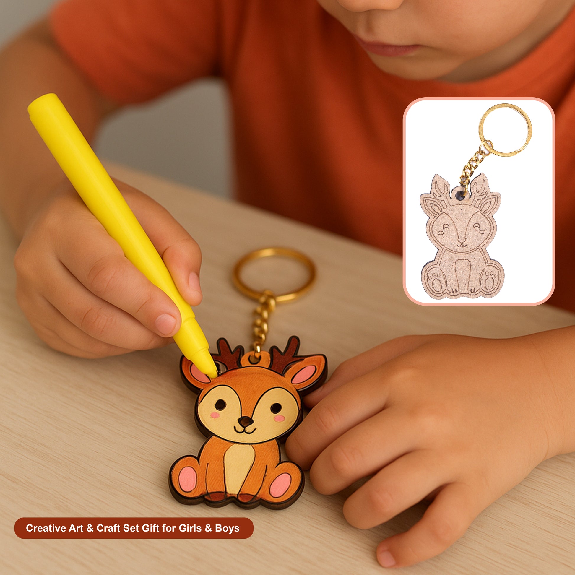 Child playing with a cartoon deer keychain and marker, with an inset of a similar product packaging.
