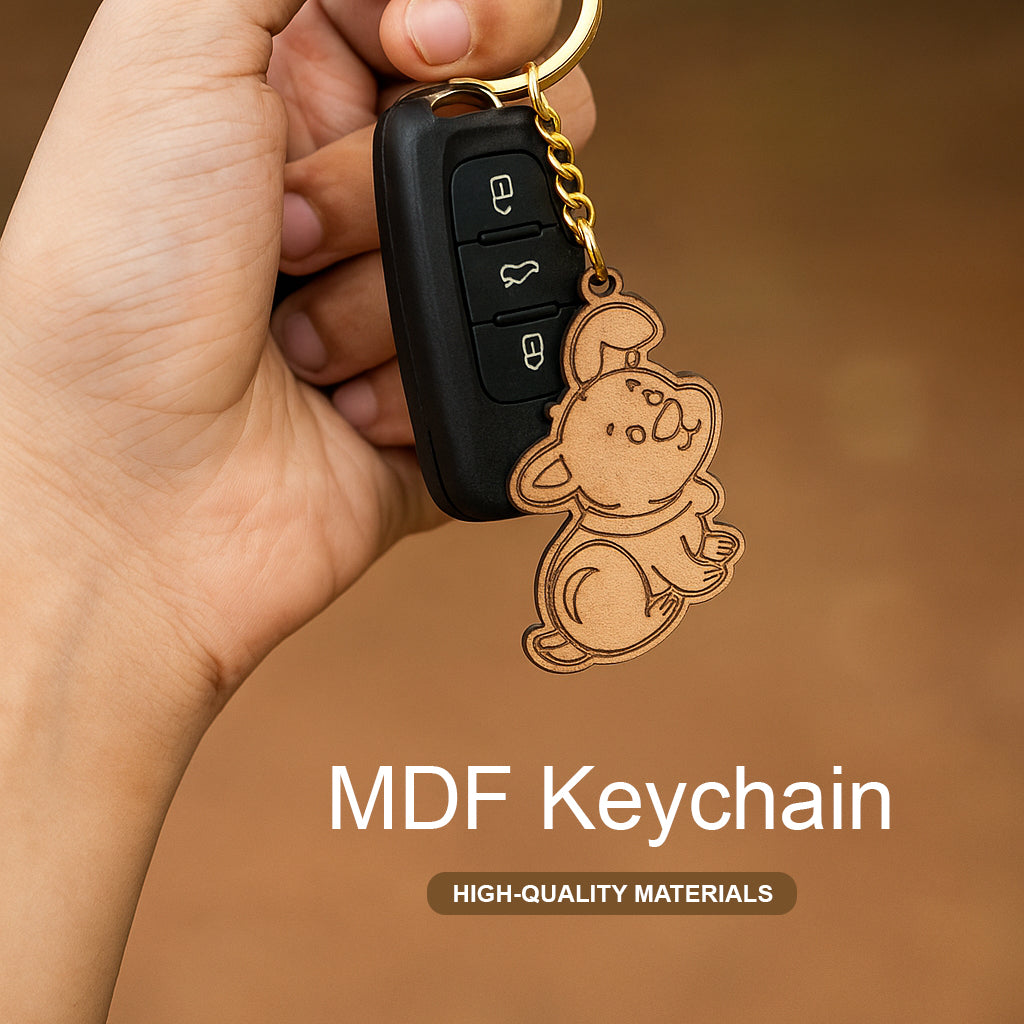 Hand holding a keychain with a cartoon character design on a brown background