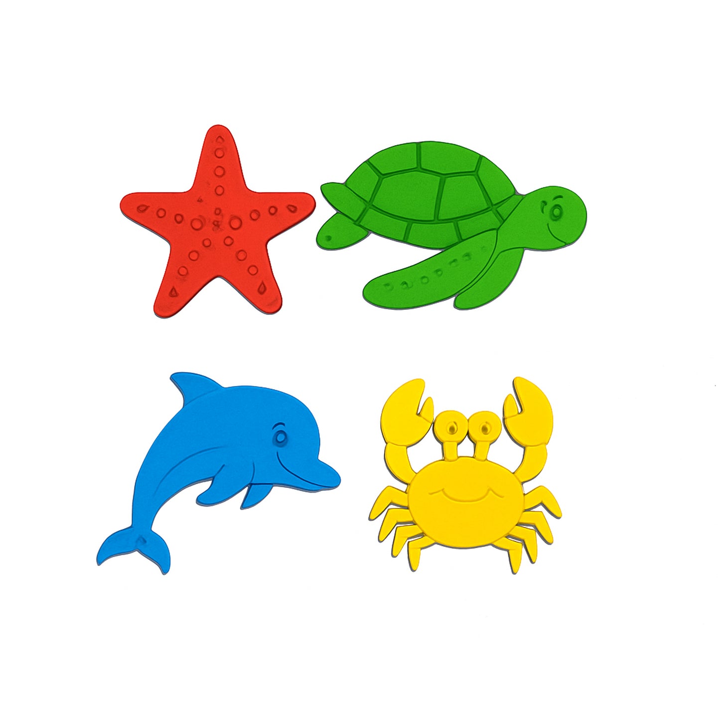 Four colorful sea creature toys on a white background