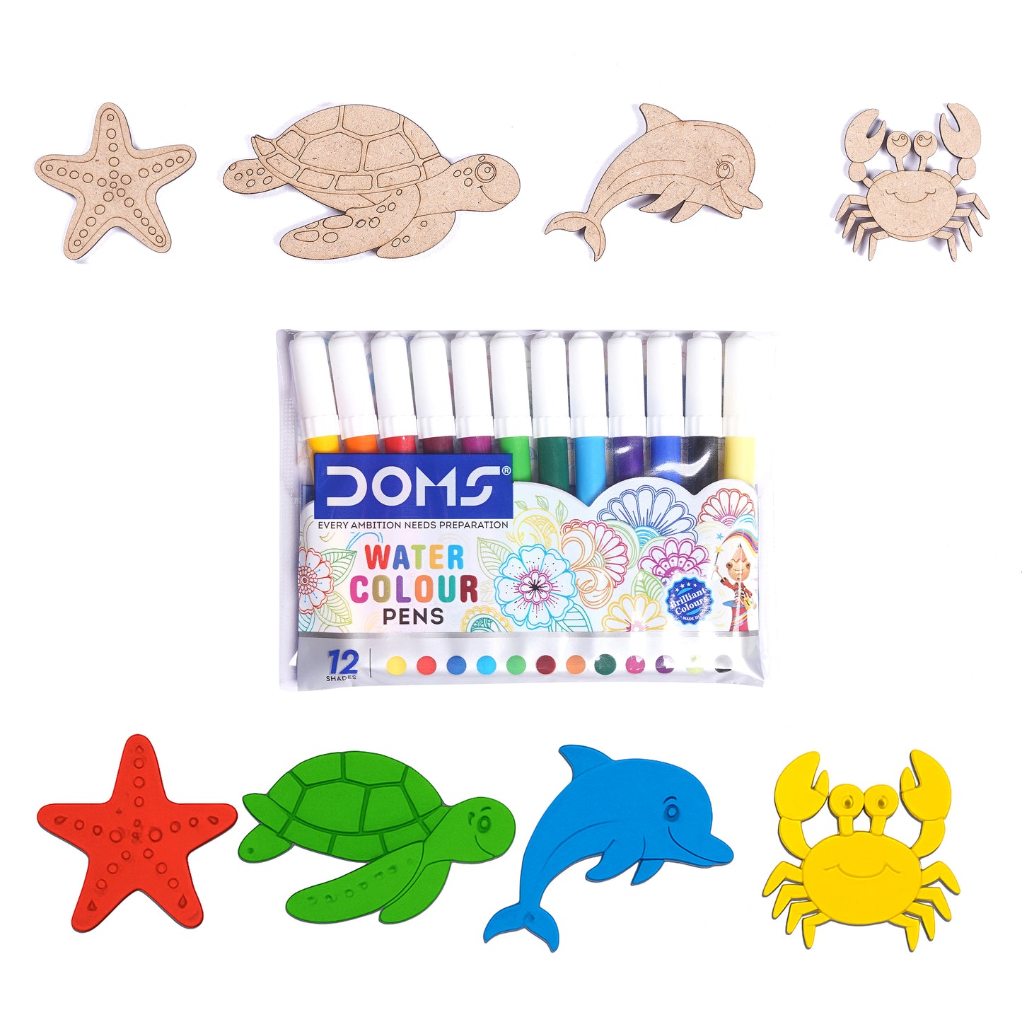 Set of watercolor pens with sea-themed coloring pages and animal cutouts on a white background