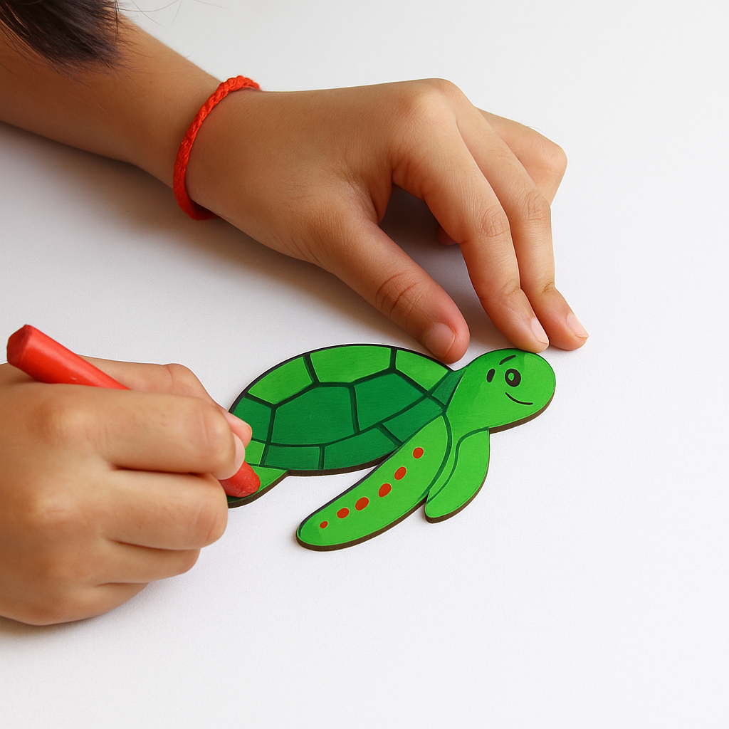 Child's hands holding a red marker and a green paper turtle on a white background
