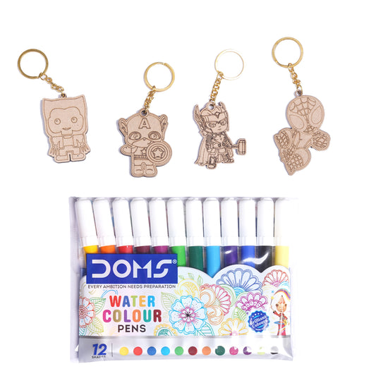 Set of watercolor pens with keychains featuring superhero designs on a white background