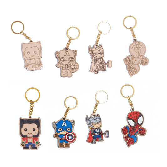 Set of superhero keychains on a white background