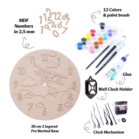 Wooden clock face with pre-marked numbers, paint supplies, and tools on a white background