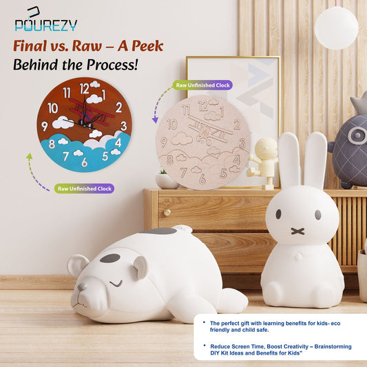 Decorative clock and rabbit figure on a shelf with 'Pourezy' branding and text about the product's process.