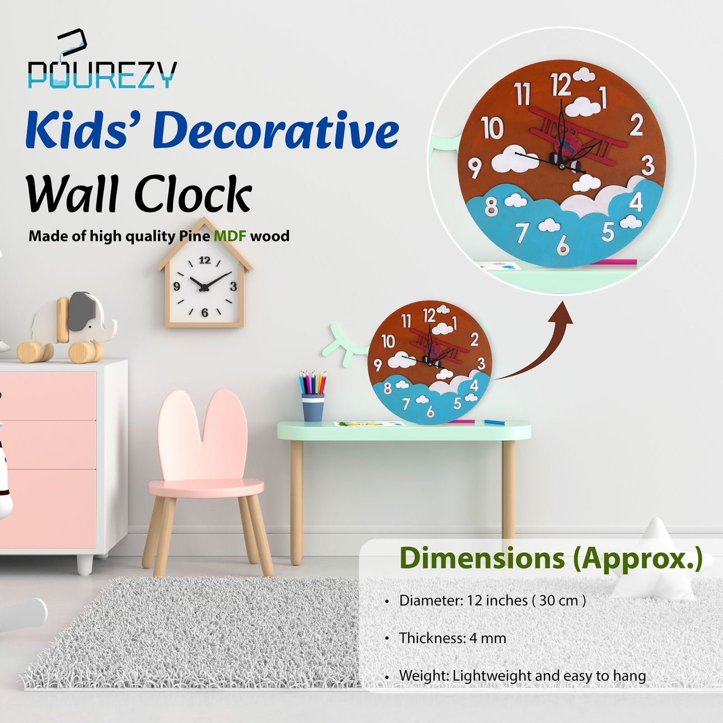 Decorative wall clock for kids with Pourezy branding, shown in a room setting.