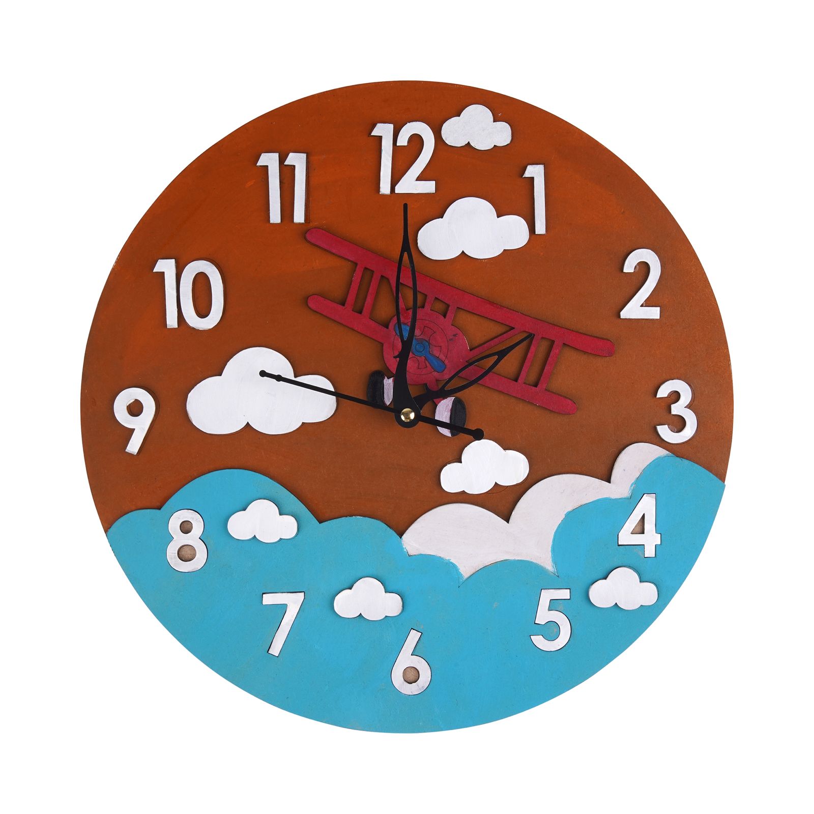 Children's wall clock with airplane design on a white background