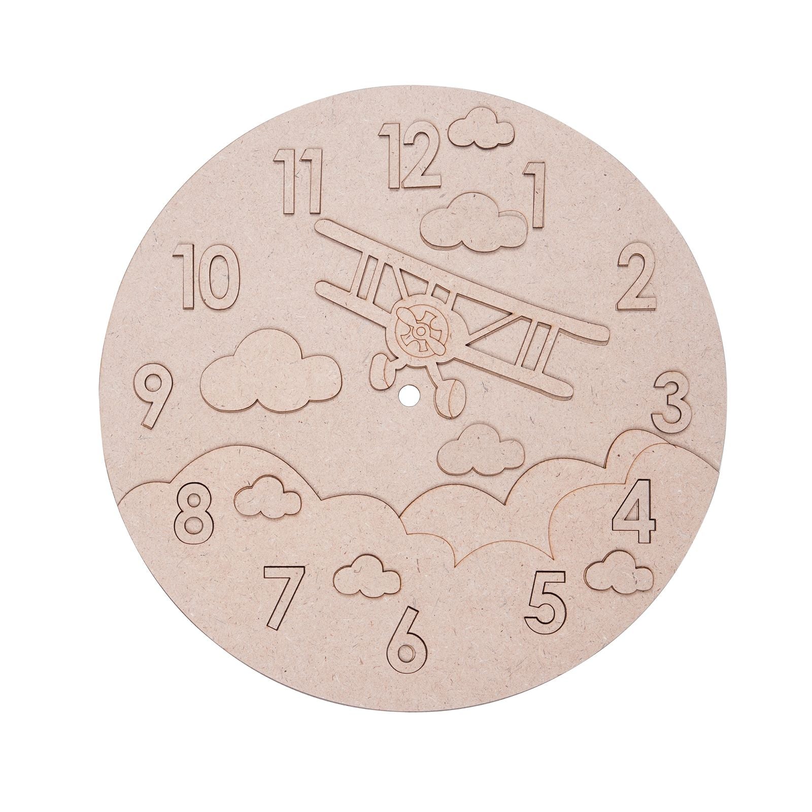 Round wooden clock with airplane and cloud design on a white background